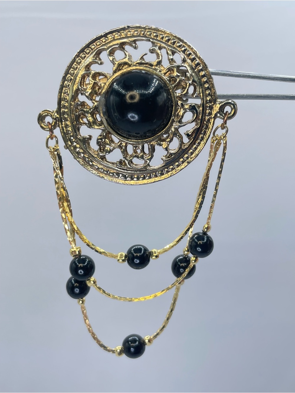 Vintage Antique Gold Tone Black Acrylic Dangle Brooch Filigree